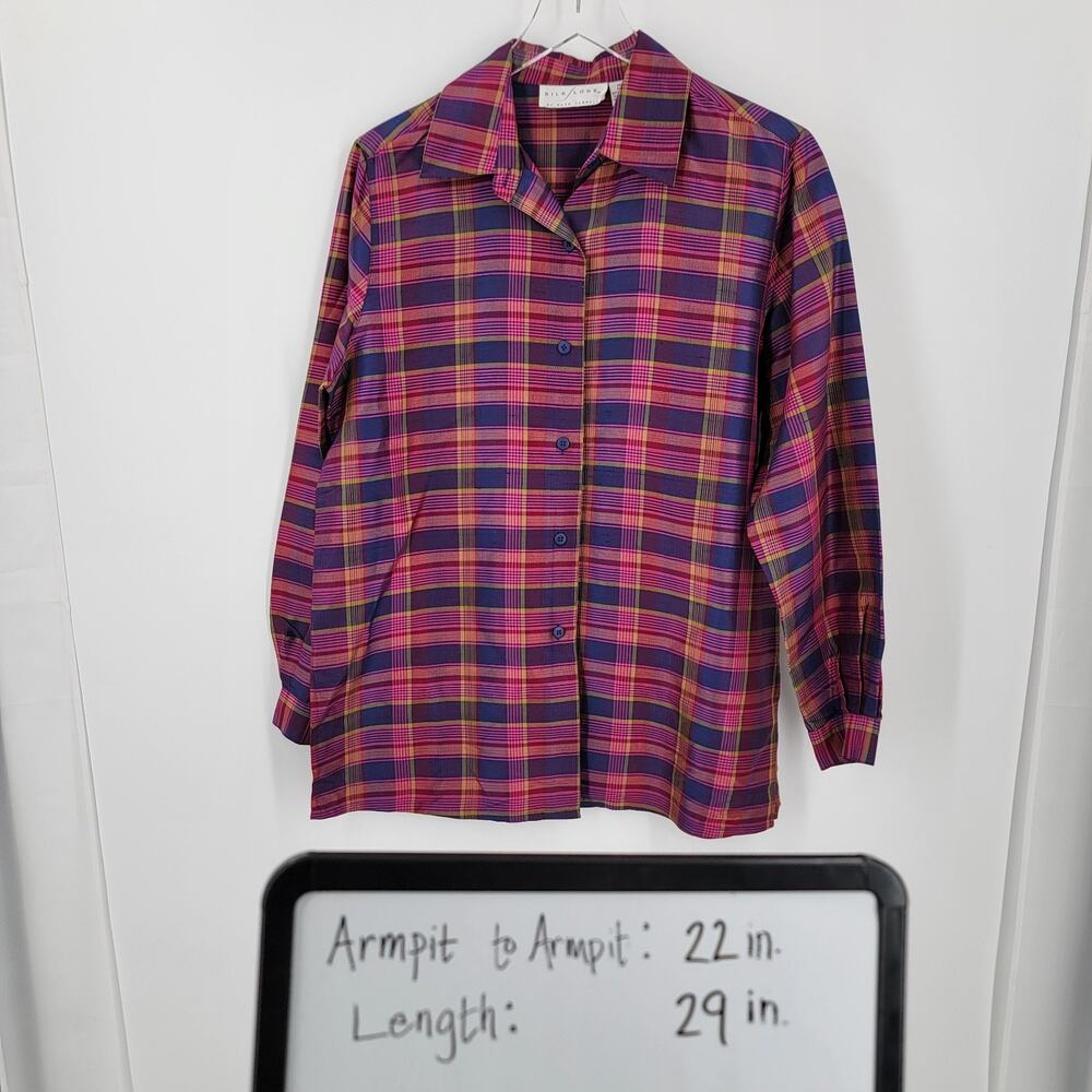 Silk Lore Blouse Womens Medium Silk Plaid Button Up - Picture 8 of 8